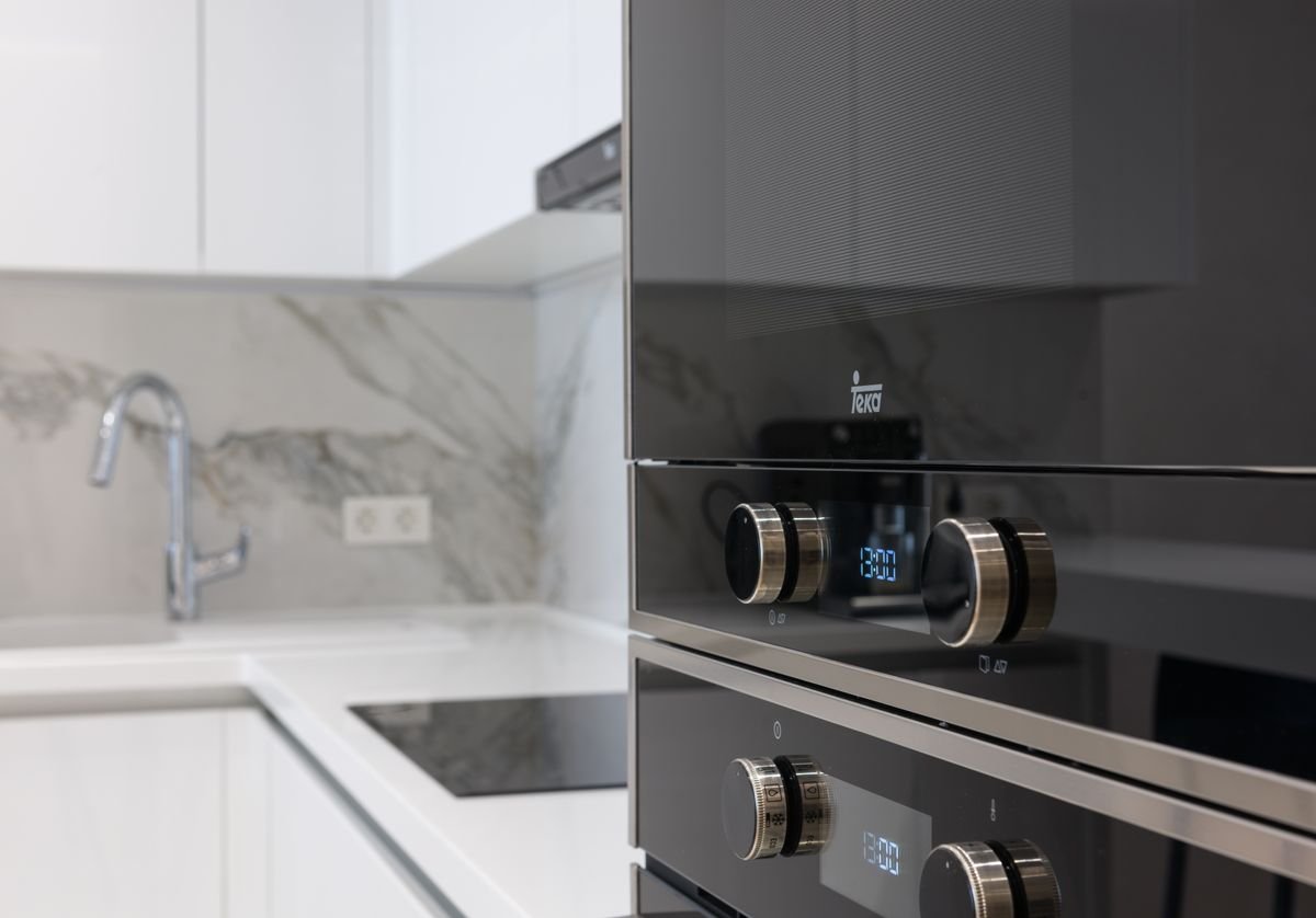 Modern stainless steel kitchen appliances
